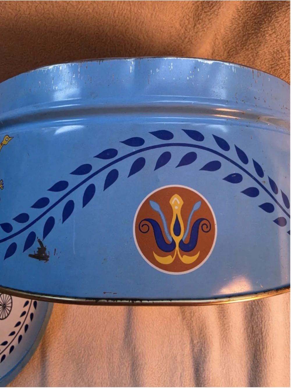 Vintage 1970s Pennsylvania Dutch Blue Metal Cookie Tin Tray Lid Folk Art Amish